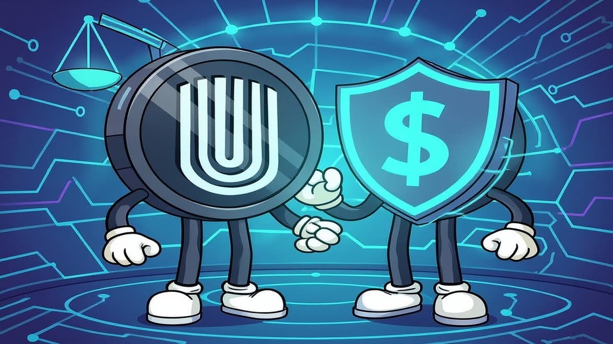 Unetwork mascot fist-bumping a dollar shield representing the 1 UP equals 1 USD peg