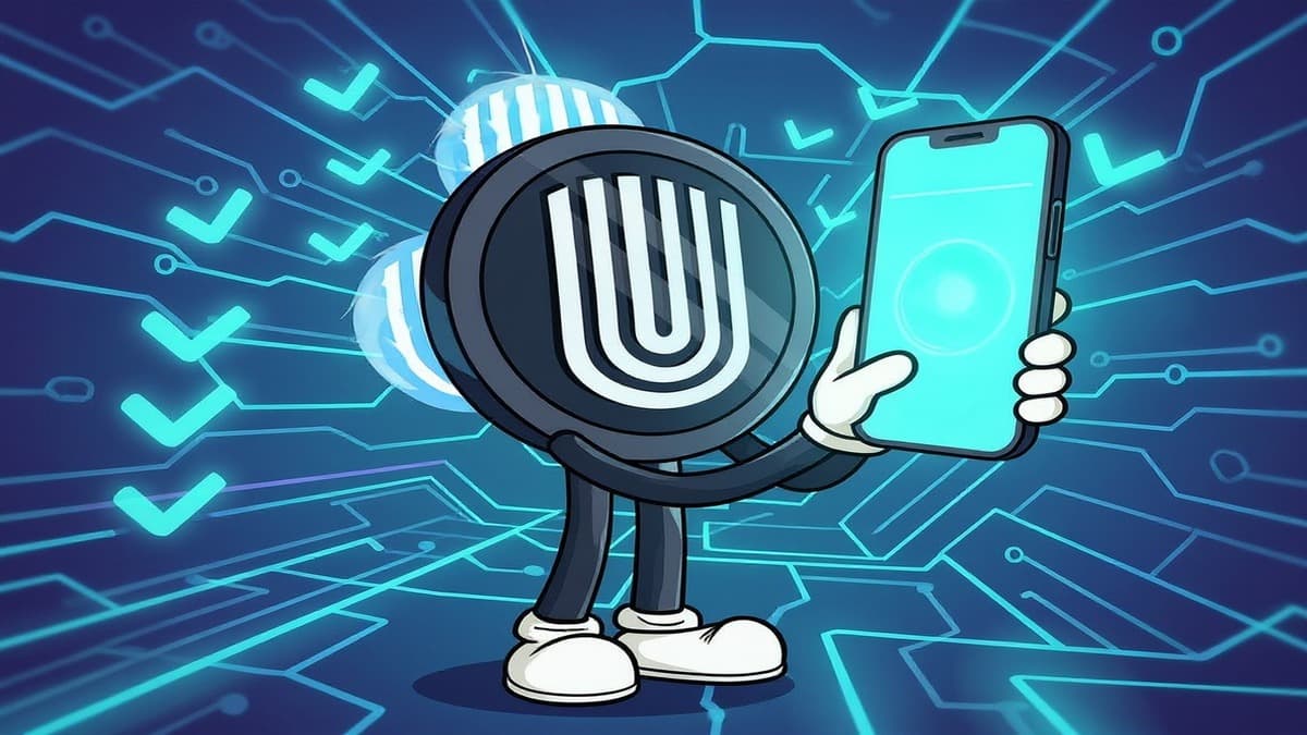 Unetwork mascot holding a smartphone during app setup with floating checkmarks
