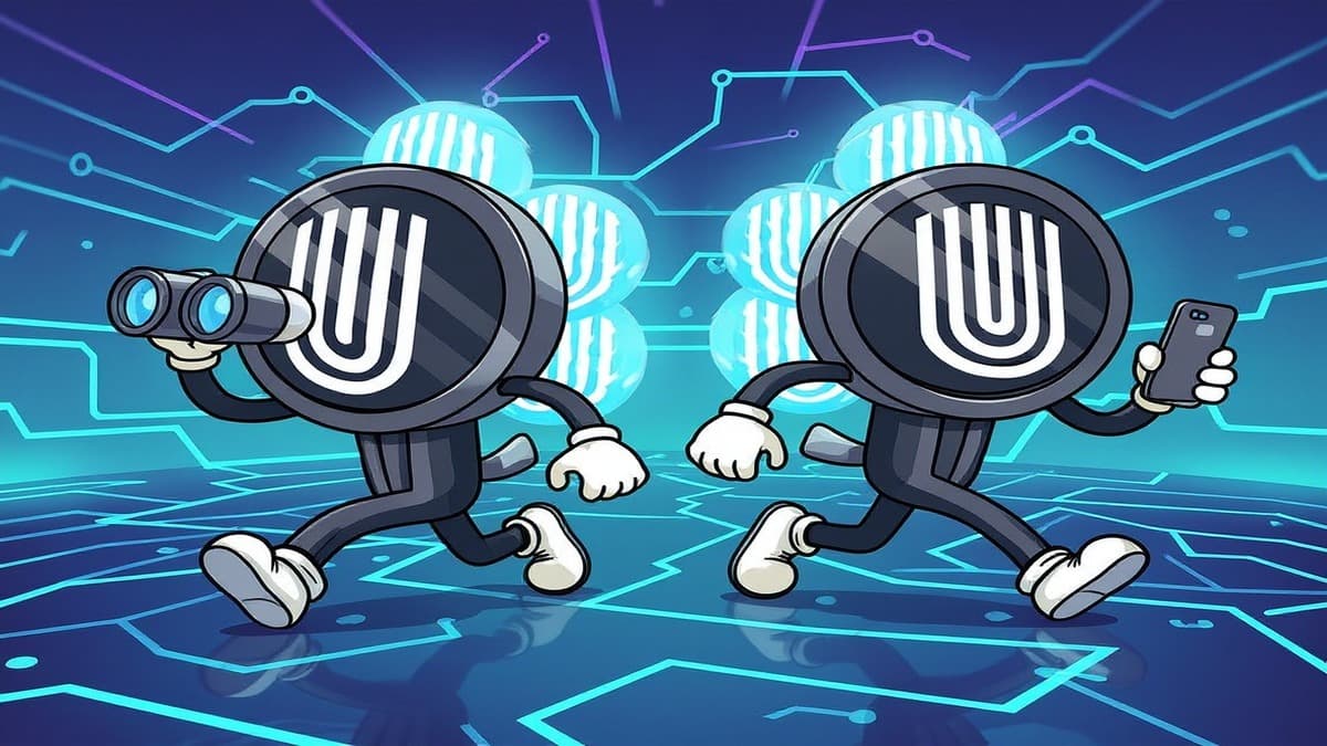 Two Unetwork mascots working together as Scout with binoculars and Runner with phone