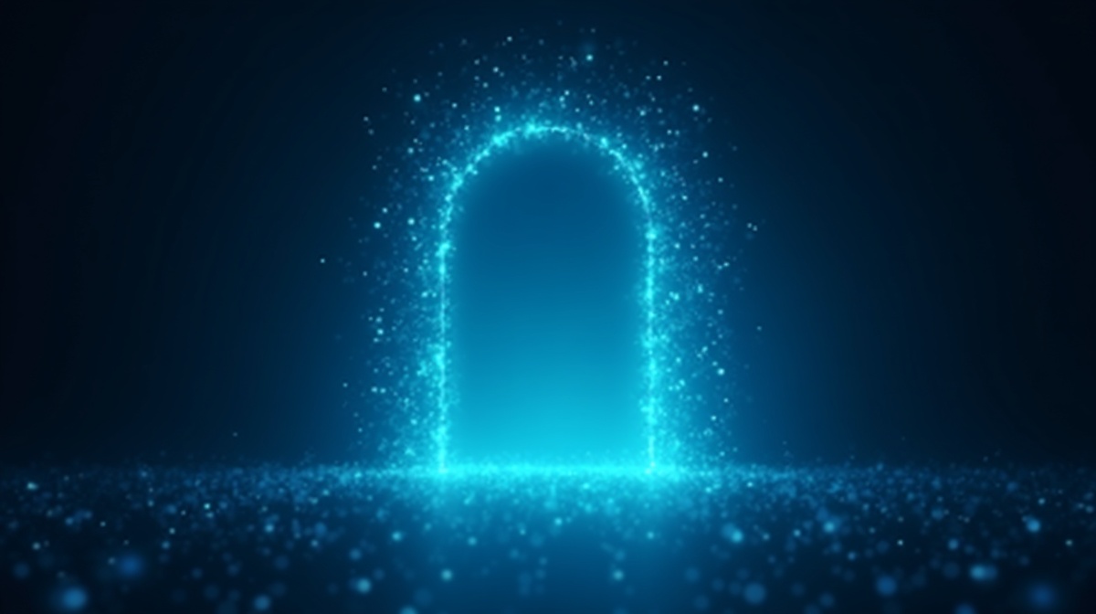 Abstract digital gateway with glowing blue light streams, representing onboarding into a decentralized telecom network