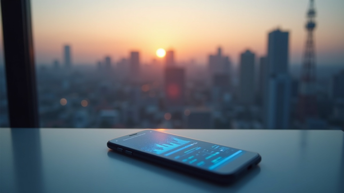 Smartphone displaying telecom network verification data with cell towers and network signals in the background, representing the Unetwork decentralized telecom edge network